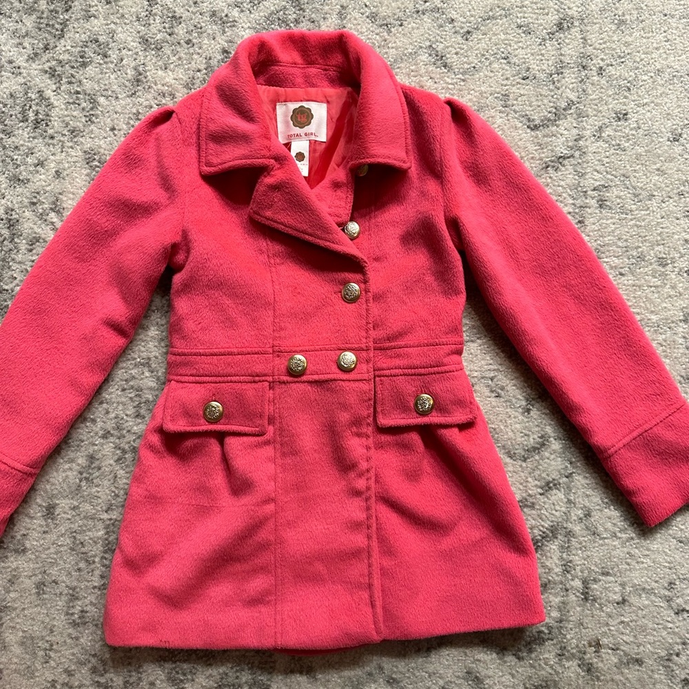 Beautiful Pink pea coat with gold buttons.